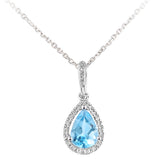 0.79ct Pear Shape Blue Topaz and Micro Set Diamond Pendant in UK Hallmarked 9ct White Gold